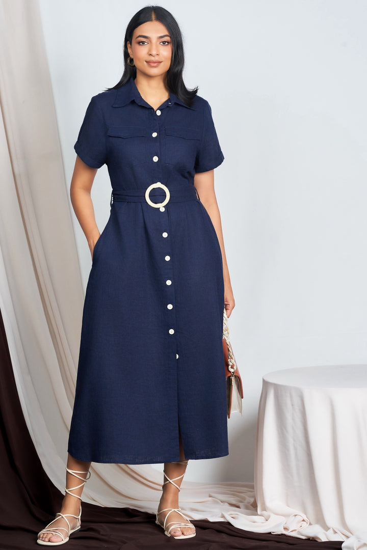 Blue Belted Shirt Dress