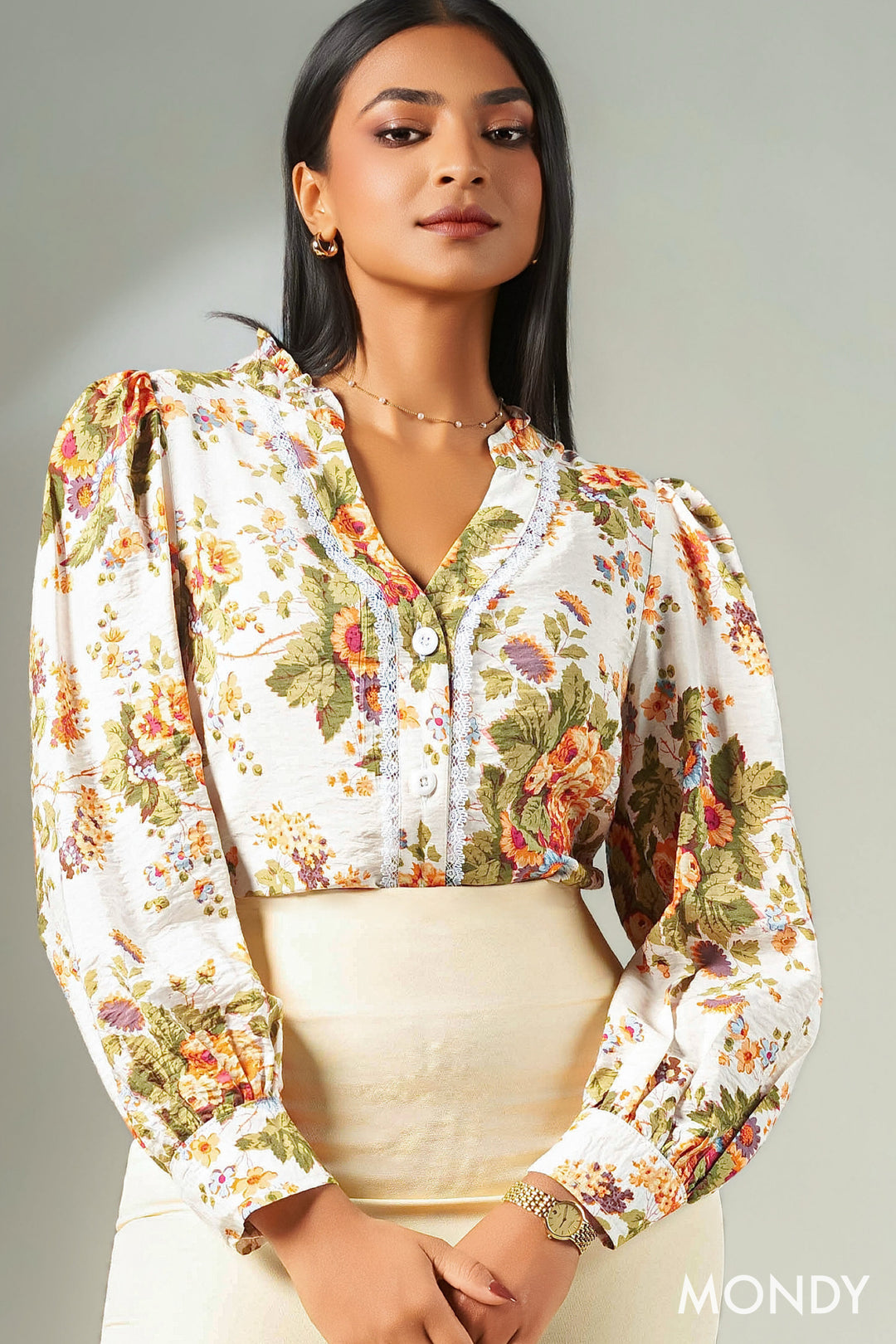 Printed Frill Neck Top