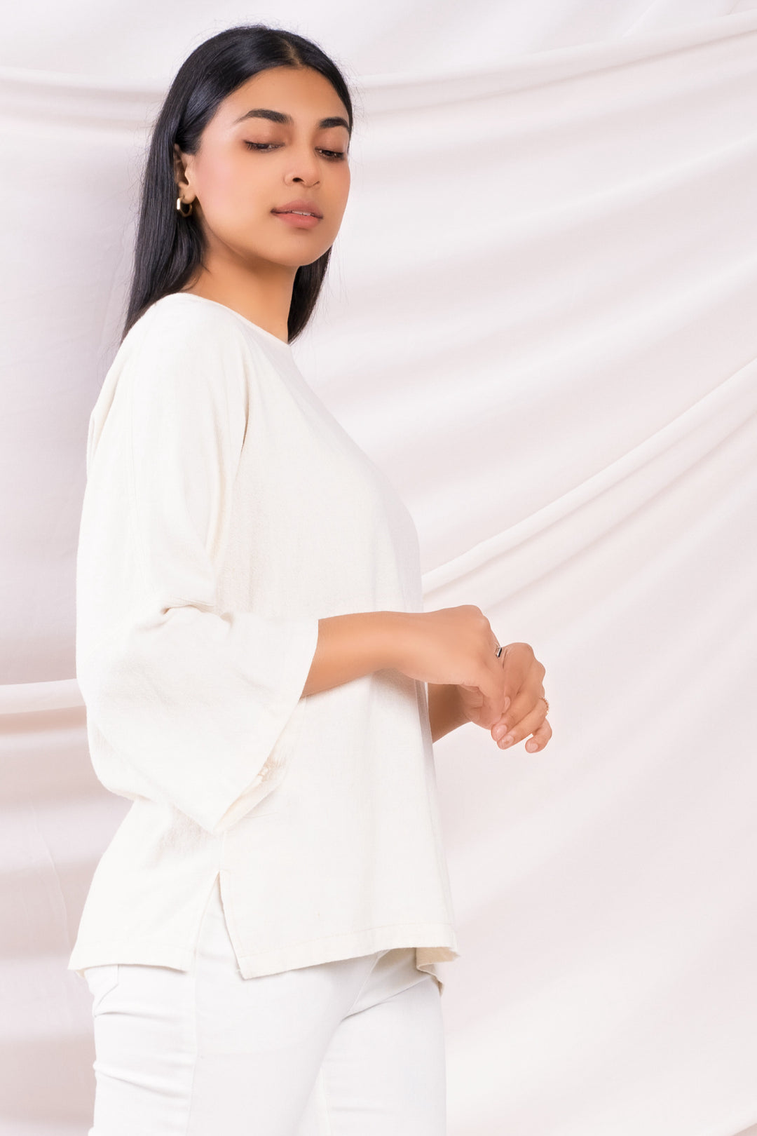 Cream Drop Sleeve Linen Top