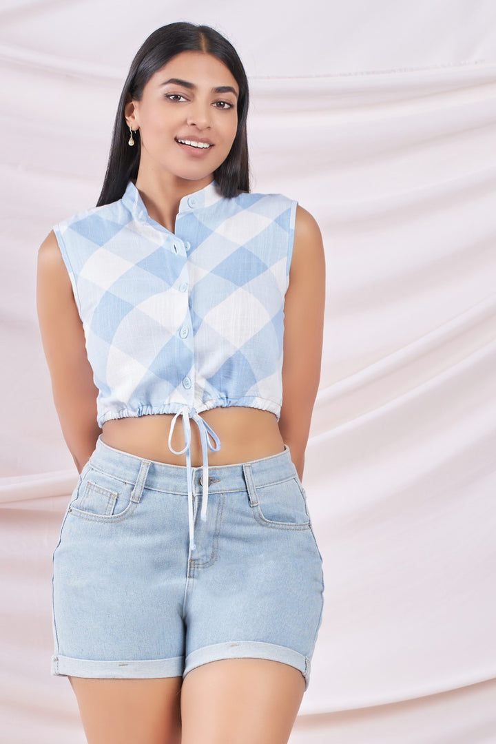 Blue Plaid Print Crop Top