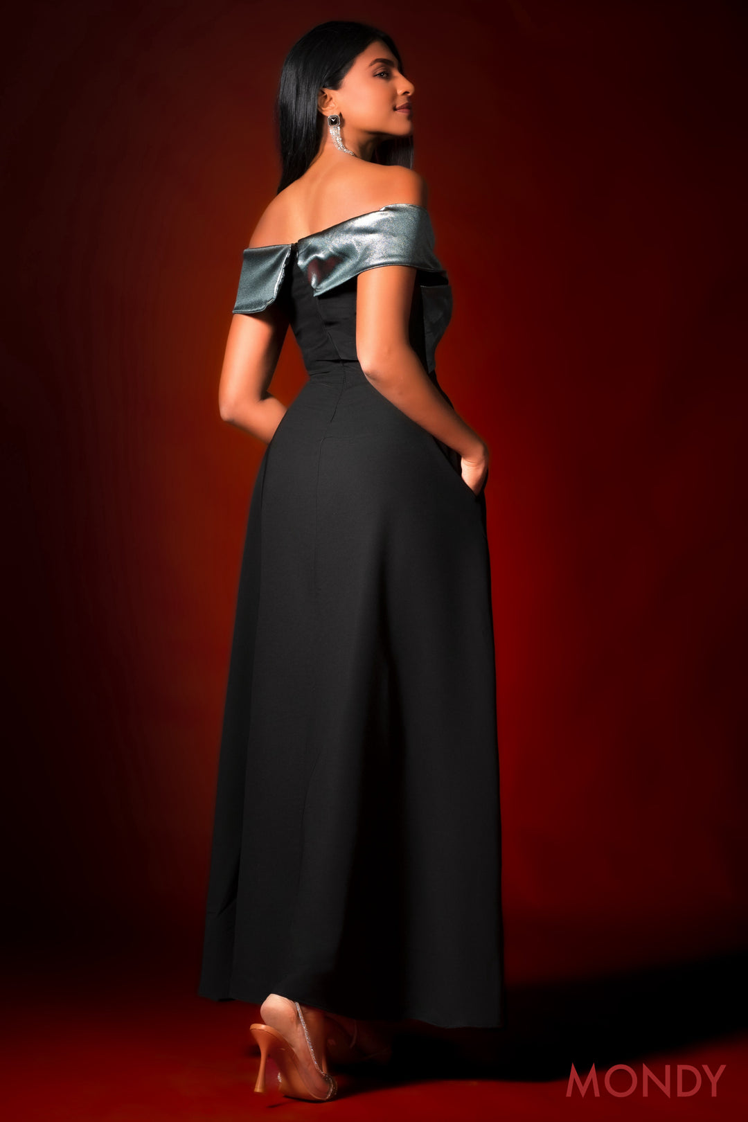 Metallic Green Off Shoulder Dress