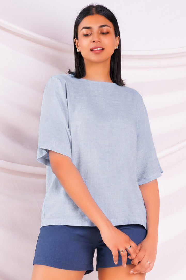 Blue Linen Boxy Top