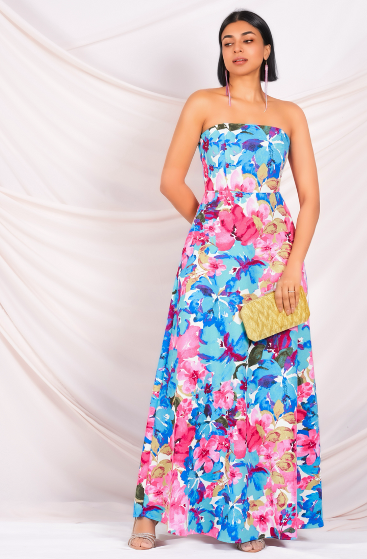 Strapless Blue Printed Maxi Dress