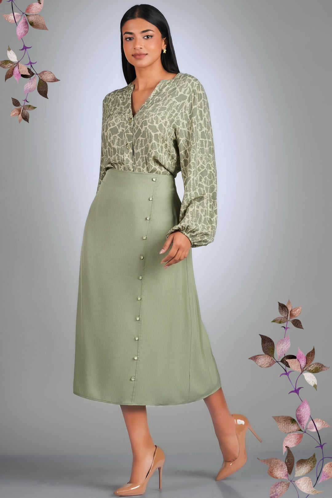 Side Button Midi Skirt