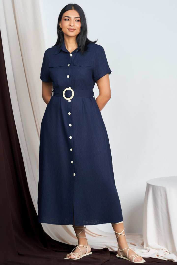 Blue Belted Shirt Dress