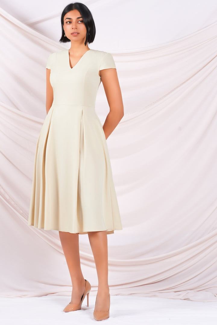 Beige Cap Sleeve Midi Dress