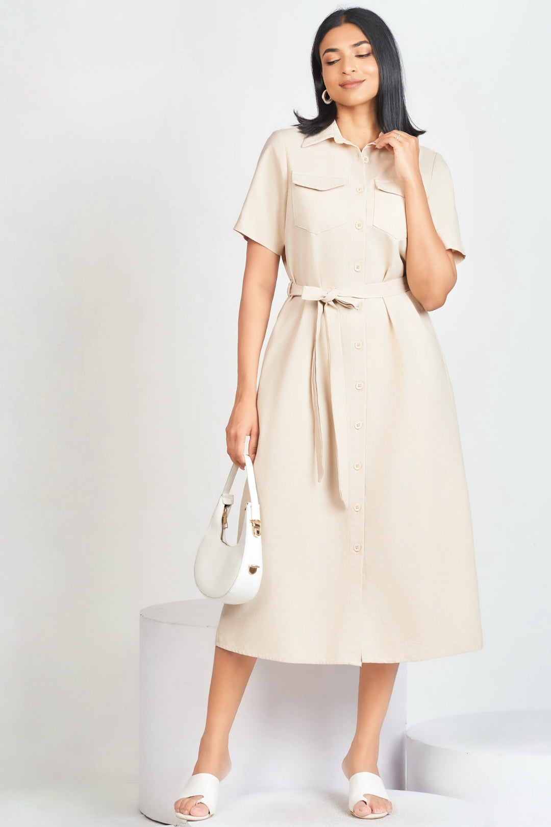 Beige Midi Shirt Dress
