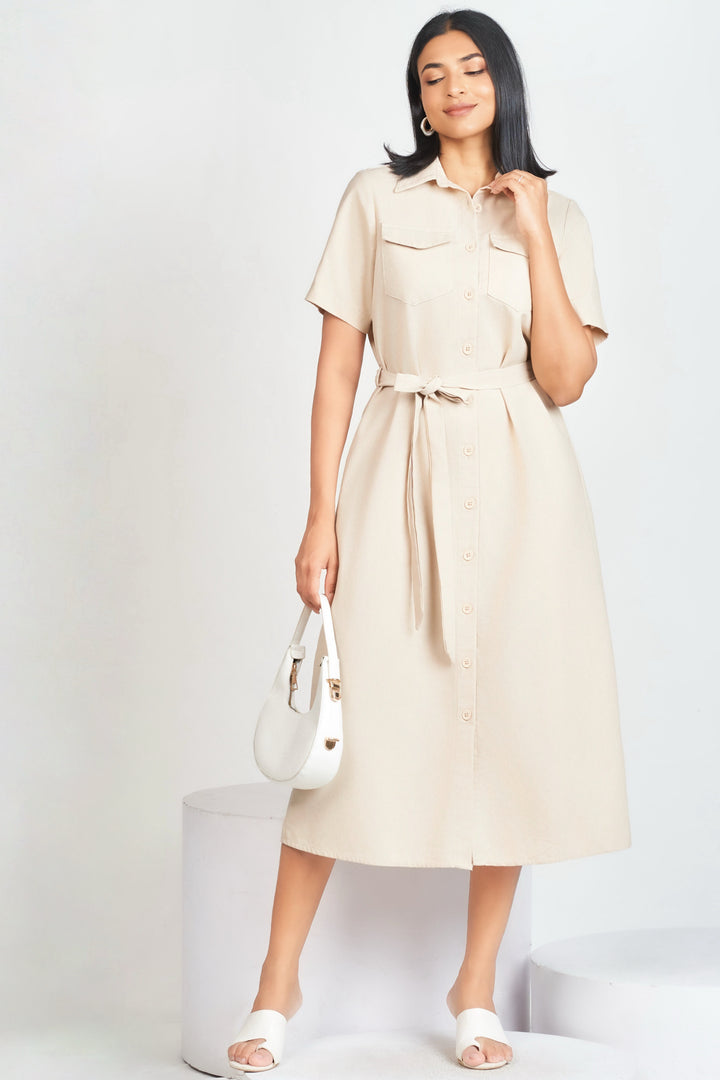 Beige Midi Shirt Dress
