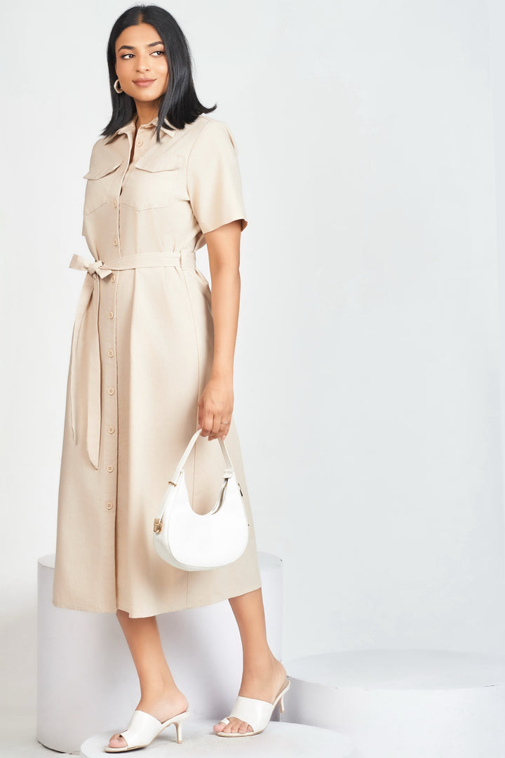 Beige Midi Shirt Dress