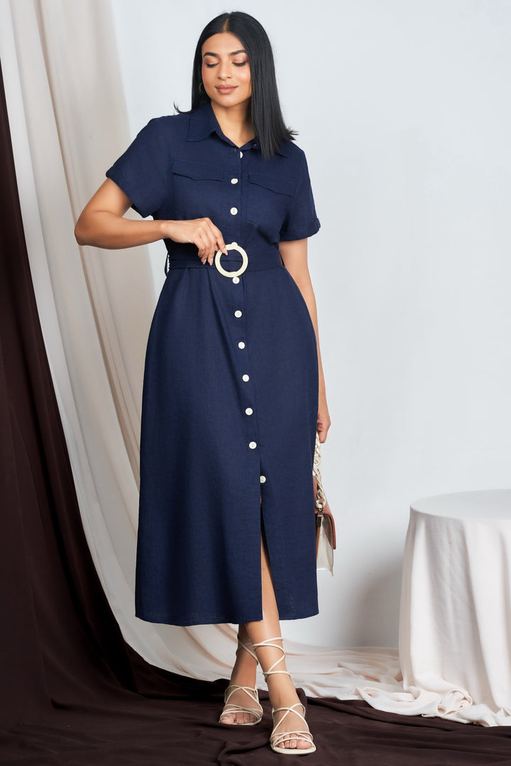 Blue Belted Shirt Dress