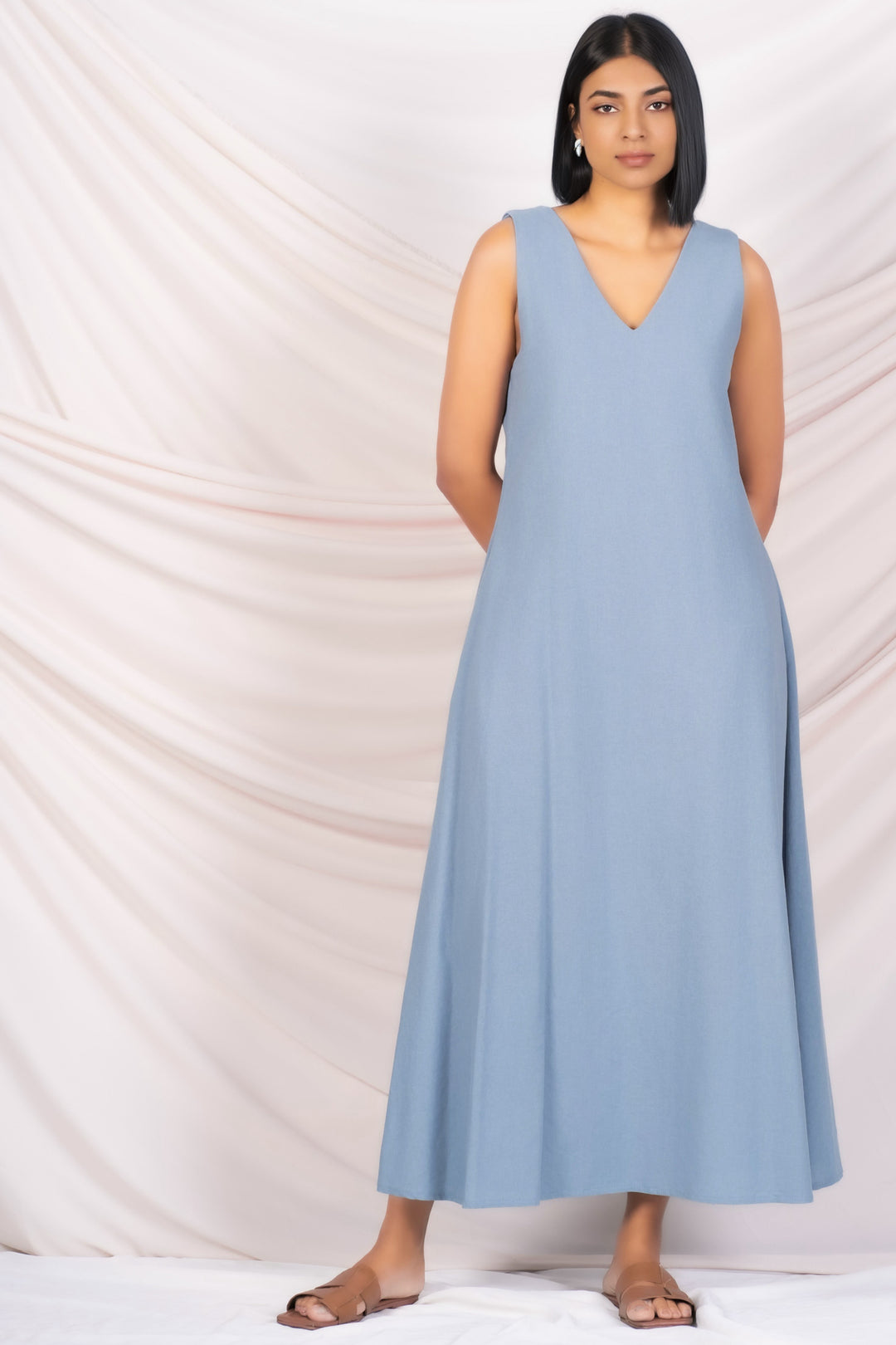 V Neck Linen Maxi Dress