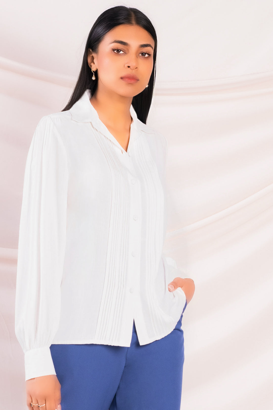 White Pin Tuck Detail Shirt