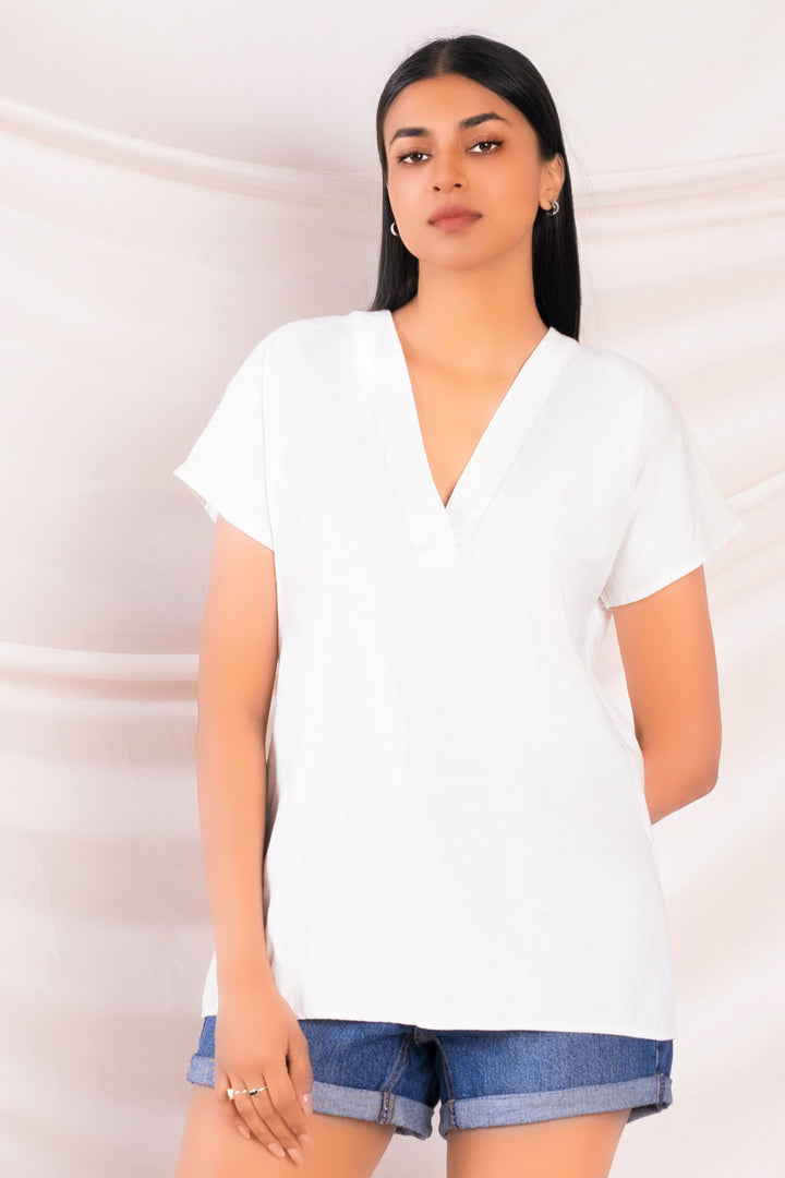 White V Neck Linen Top