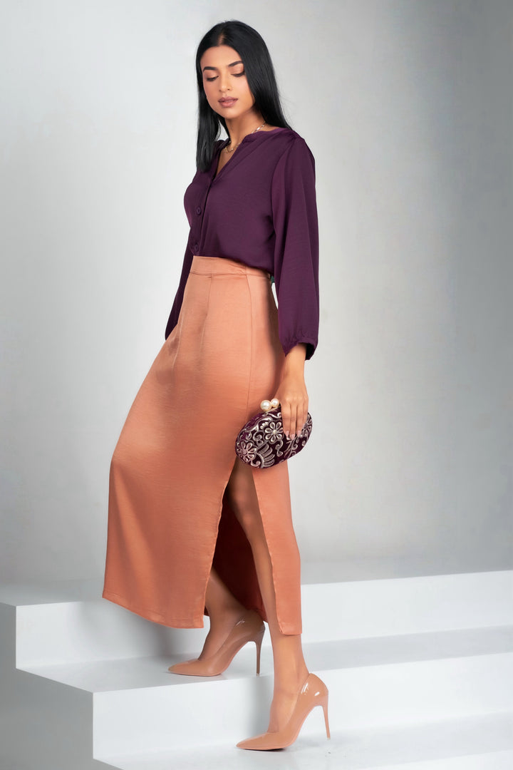 Satin High Slit Midi Skirt