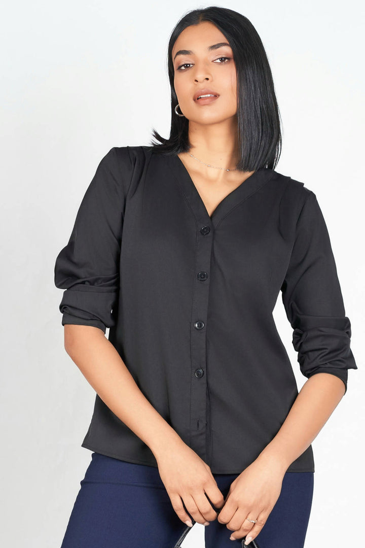 Black V Button Up Top