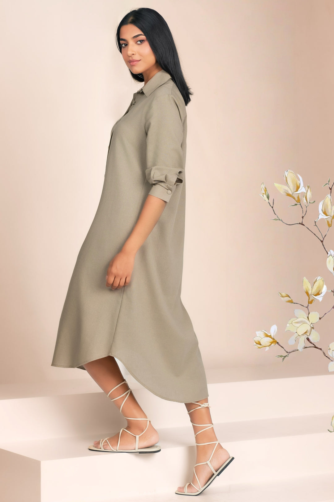 Curved Hem Midi Shirt Dress