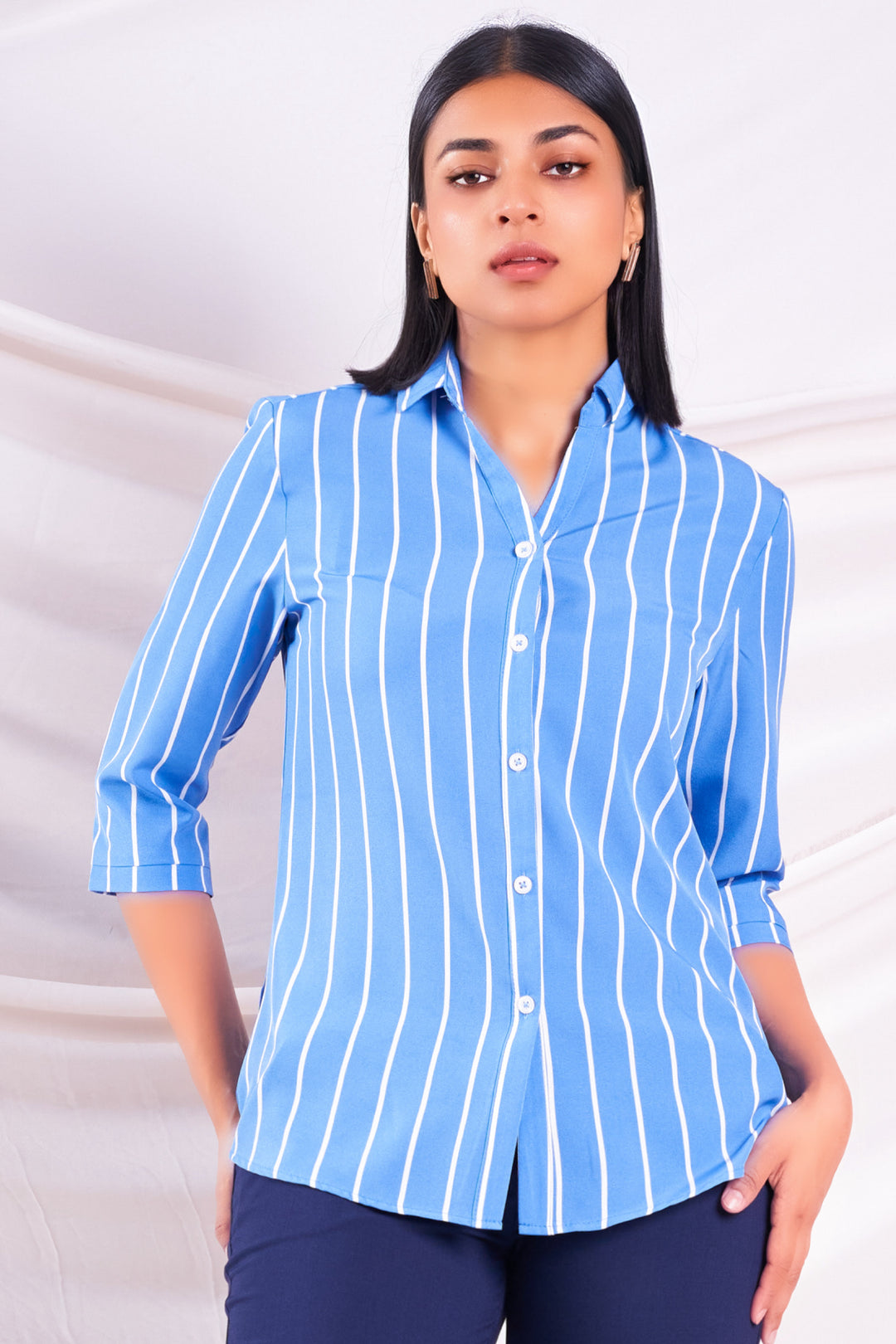 Blue Stripe Three Quarter Sleeve Shirt