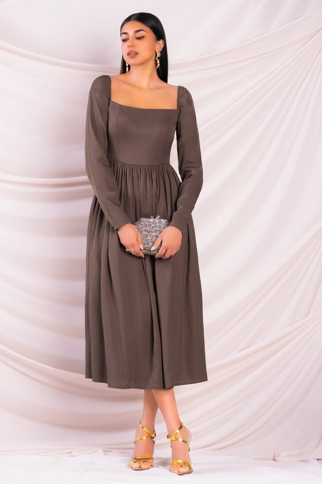 Brown Square Neck Midi Dress