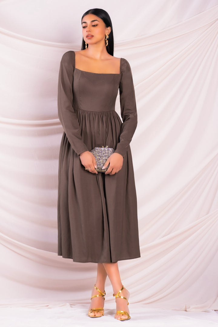 Brown Square Neck Midi Dress