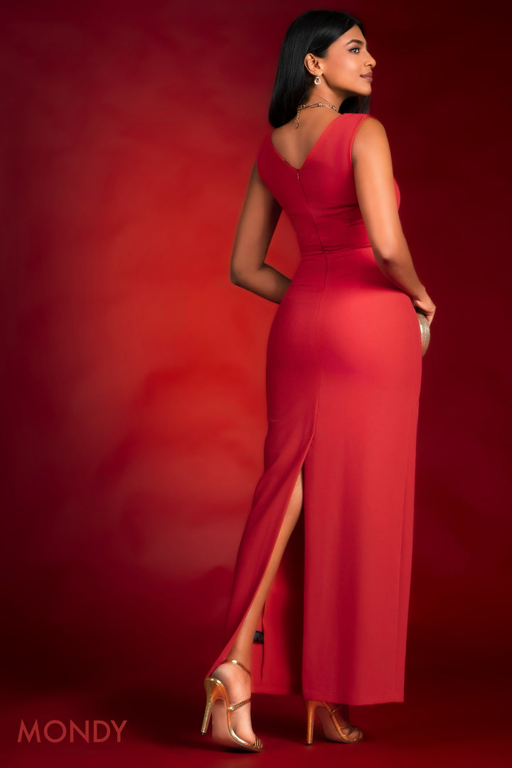 Red V Neck Bodycon Maxi Dress