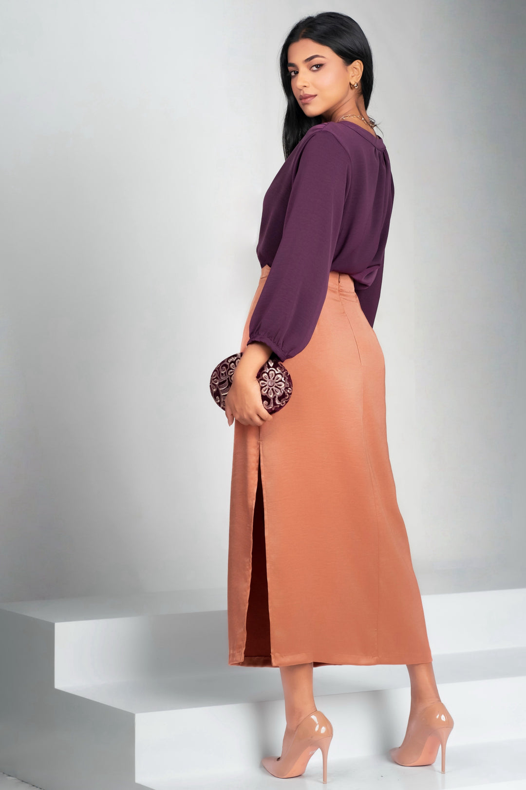 Satin High Slit Midi Skirt