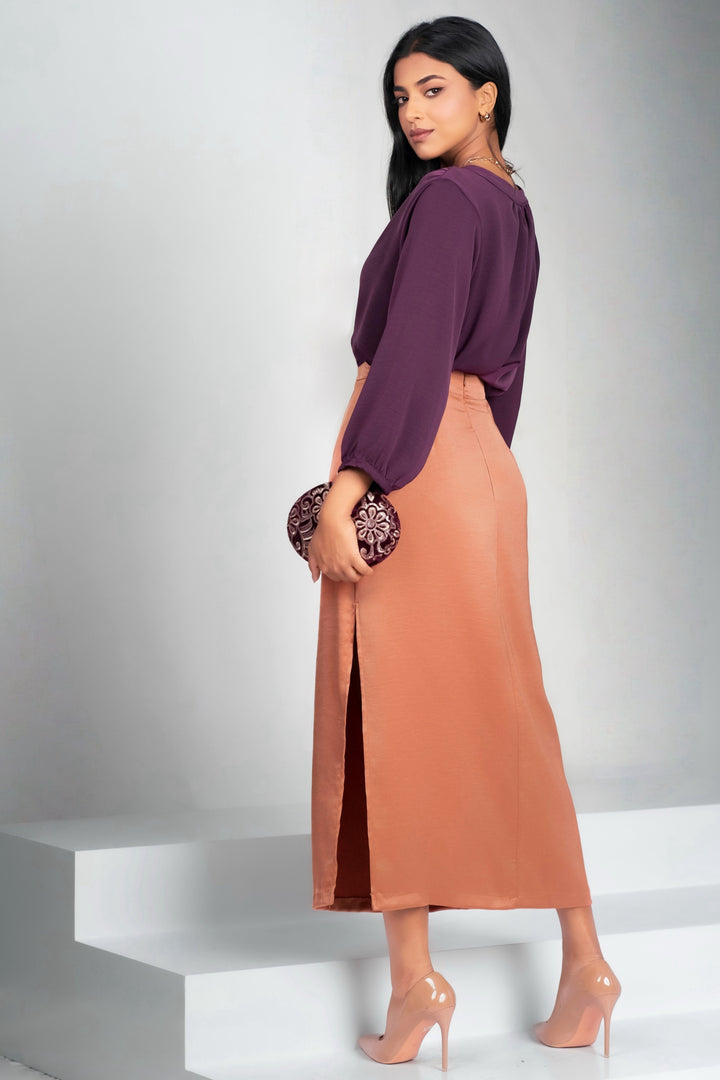 Satin High Slit Midi Skirt