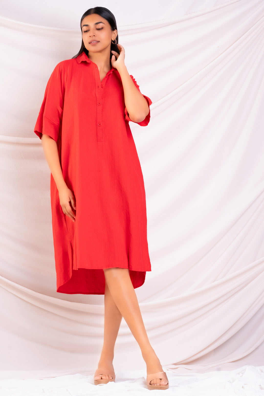 Red Oversized Midi Shirt Dress