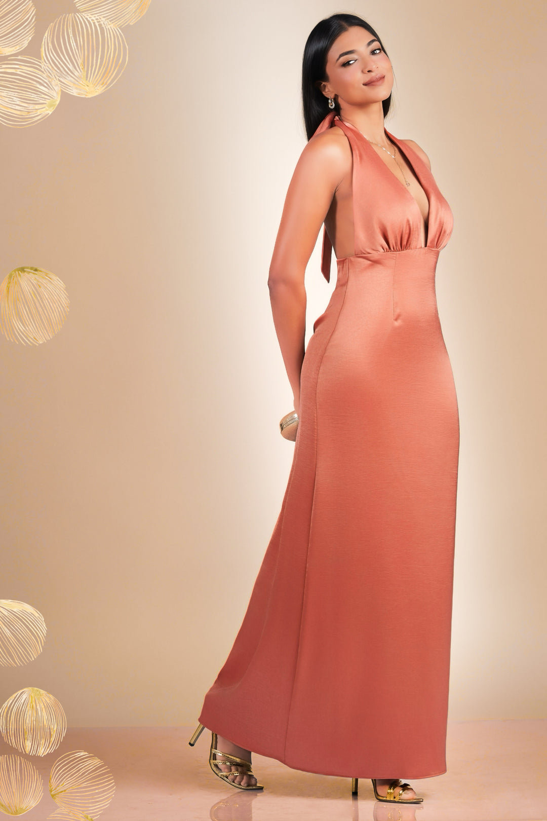 Peach Deep Neck Maxi Dress