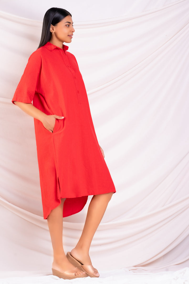 Red Oversized Midi Shirt Dress