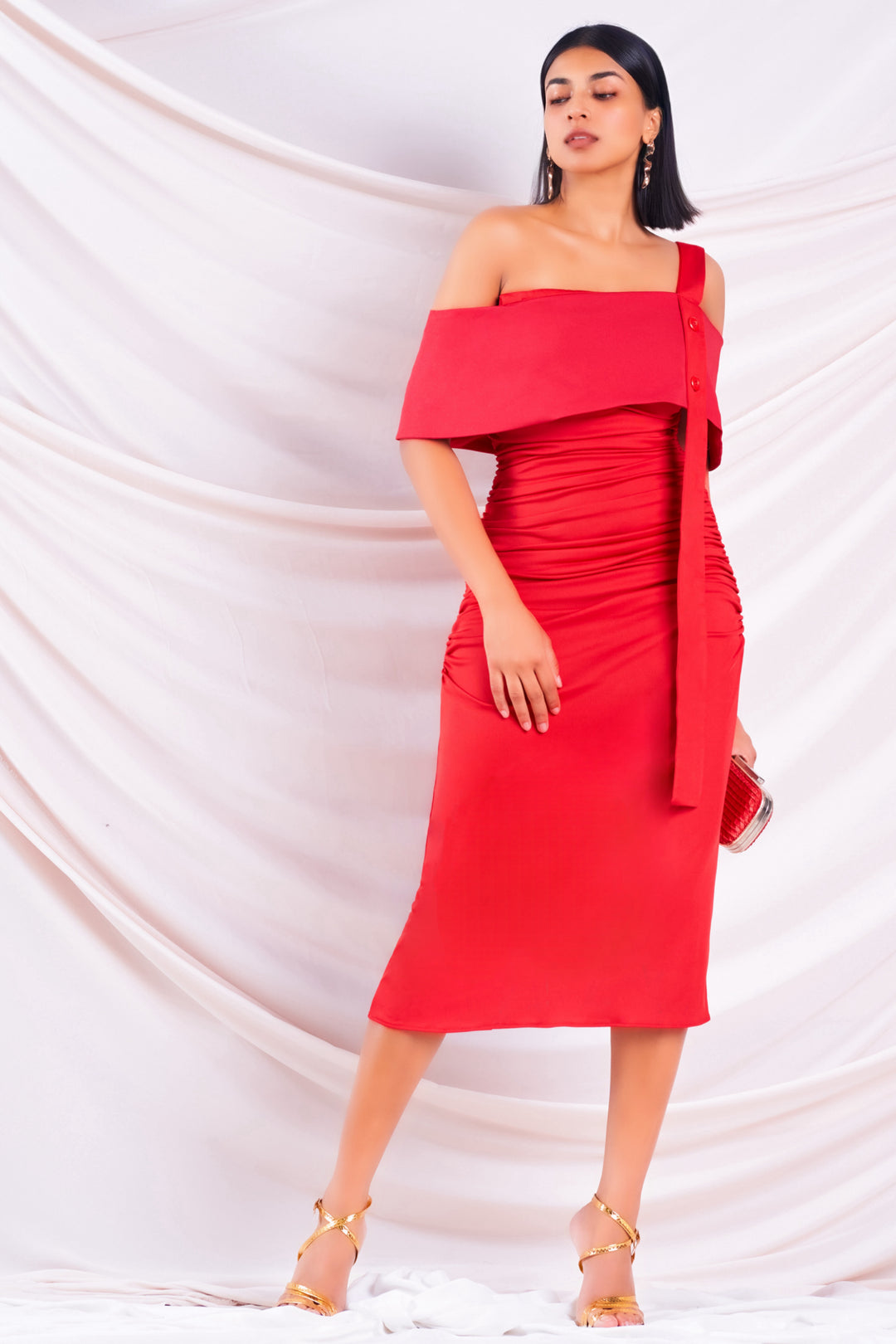 Red Ruched Midi Dress