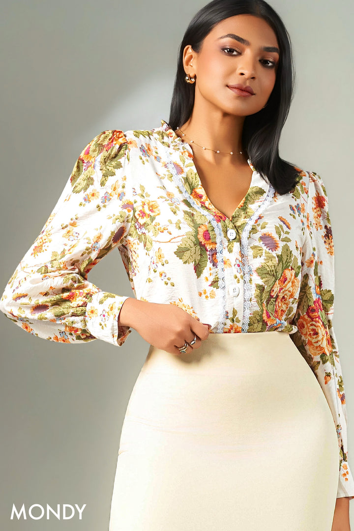 Printed Frill Neck Top