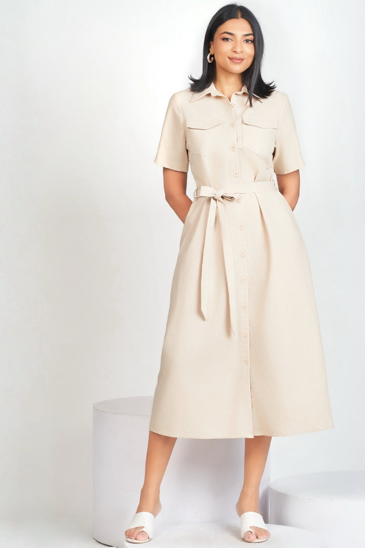 Beige Midi Shirt Dress