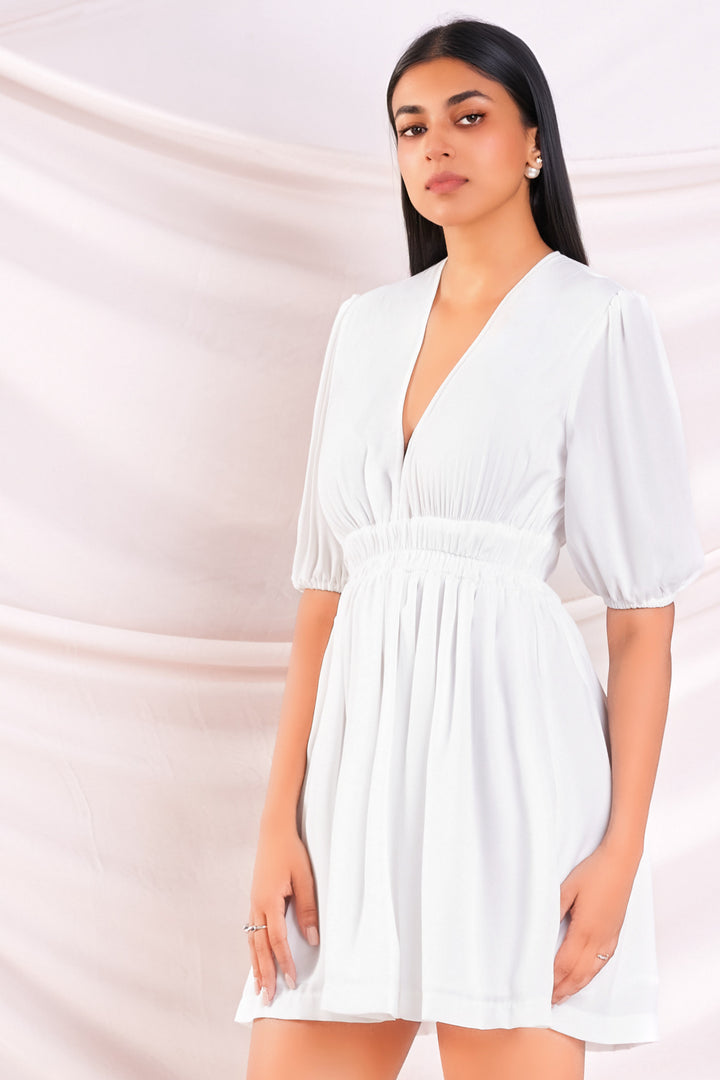 White Deep Neck Dress