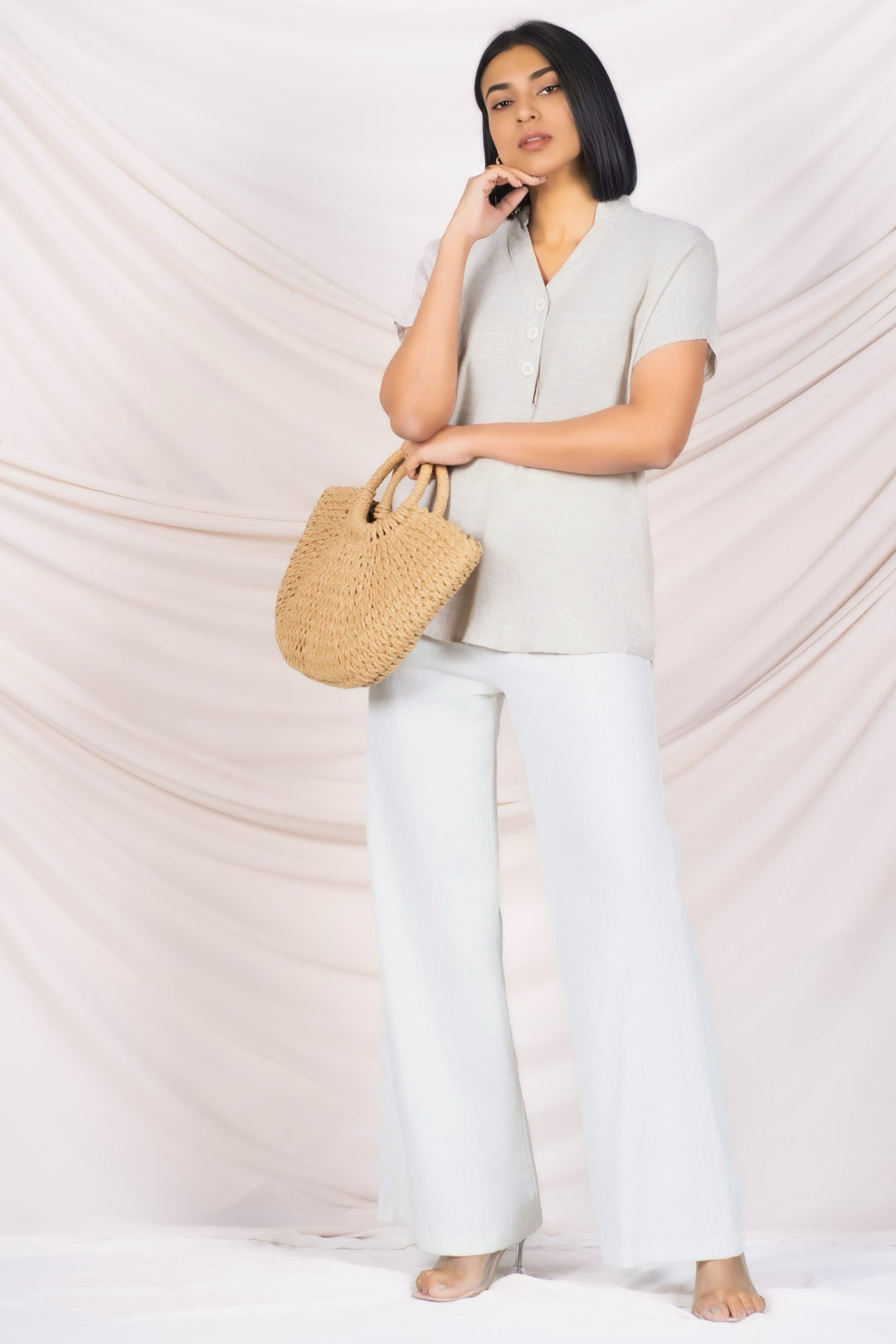 Beige V Neck Linen Top