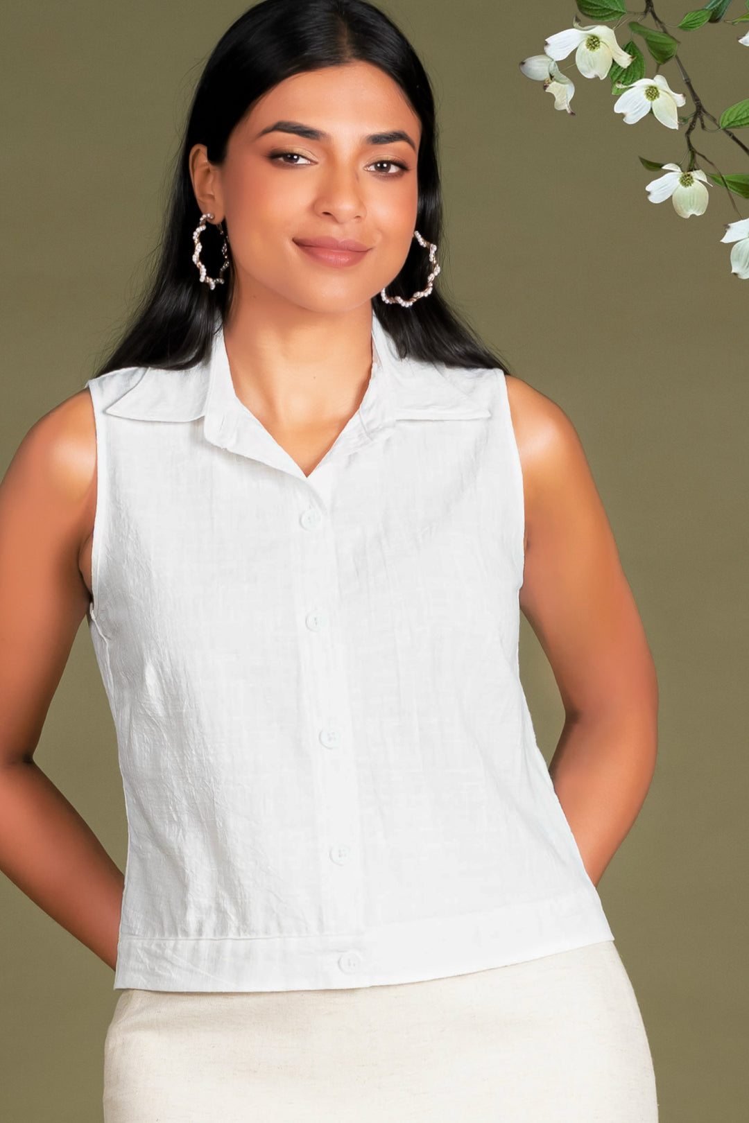 White Sleeveless Crop Shirt