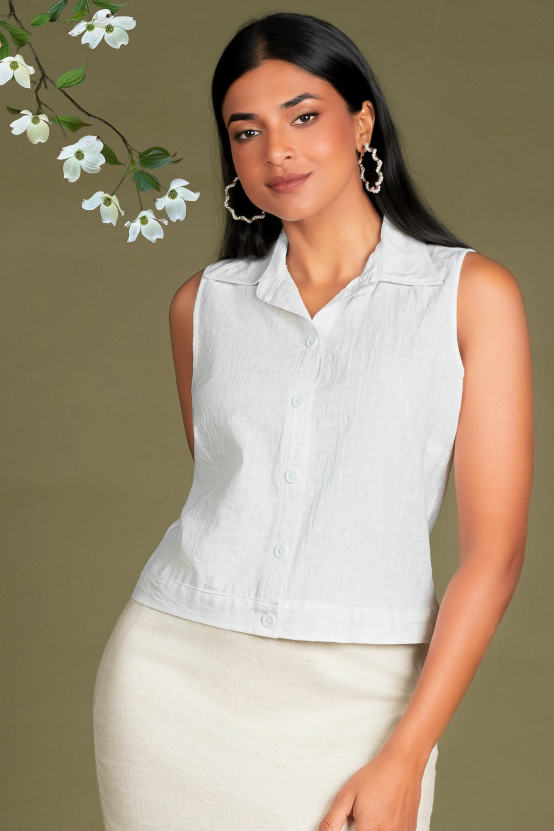 White Sleeveless Crop Shirt