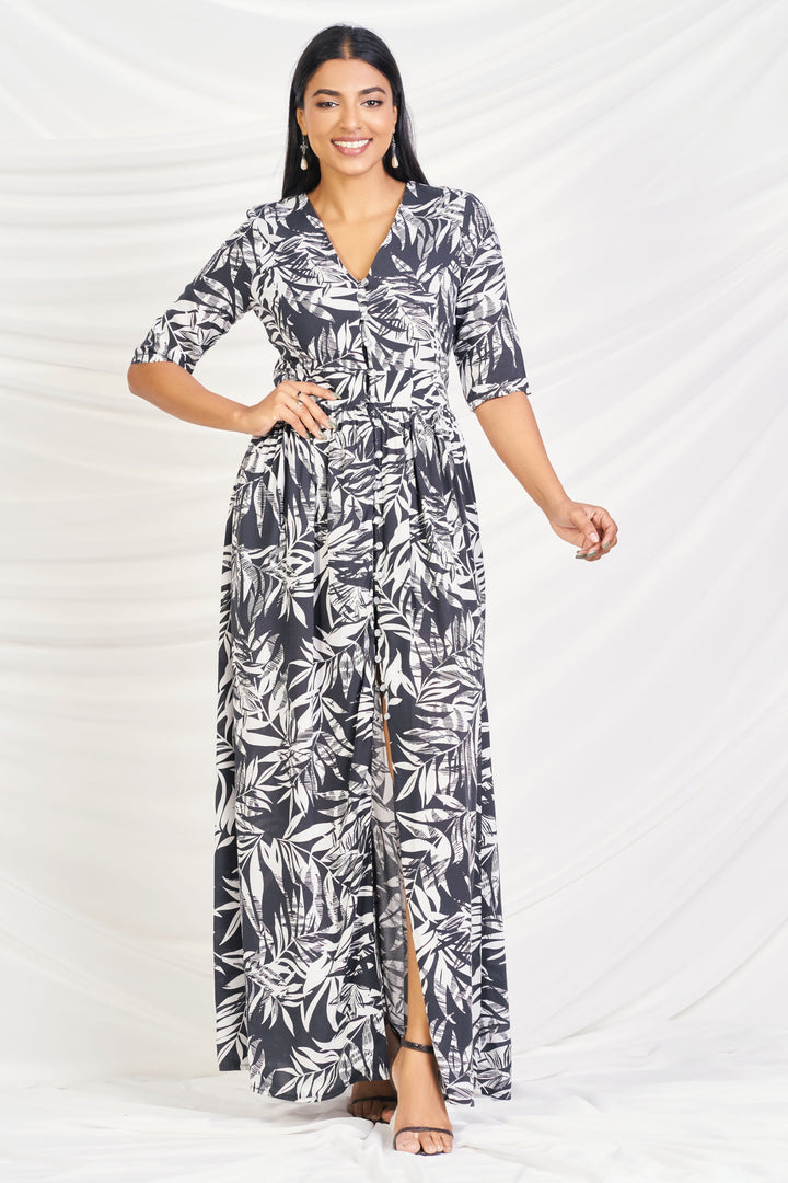 Black & White Printed Maxi Dress, Maxi Dress, Everyday Dresses, Holiday Dresses, Linen Dresses, Maxi Dress, Maxi Dresses, New Arrivals, SH20, Short Sleeves, Smart Casual Dress, V Neck - MONDY