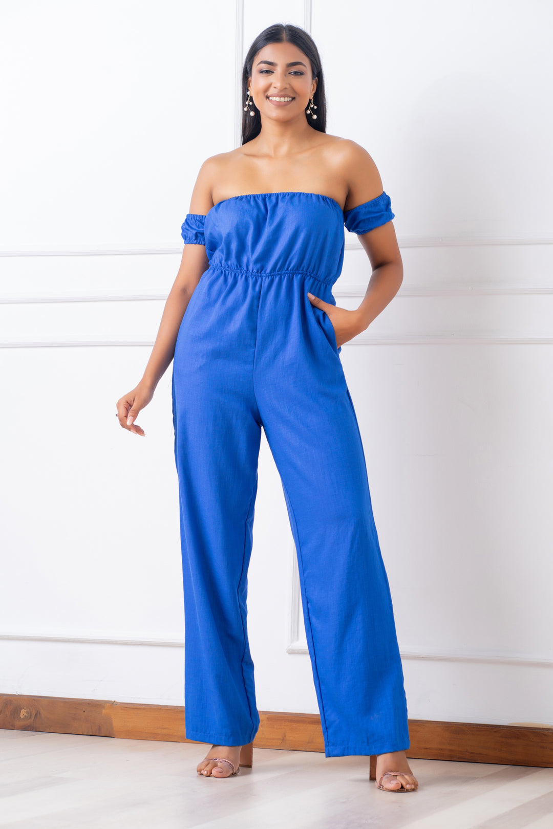 Blue Off Shoulder Jumpsuit - Regular Fit, Jumpsuit, Casual Jumpsuit, Evening Jumpsuit, Evening Wear, Holiday Jumpsuits, Linen Jumpsuit, New Arrivals, Off Shoulder, Regular Fit - MONDY, Sri La