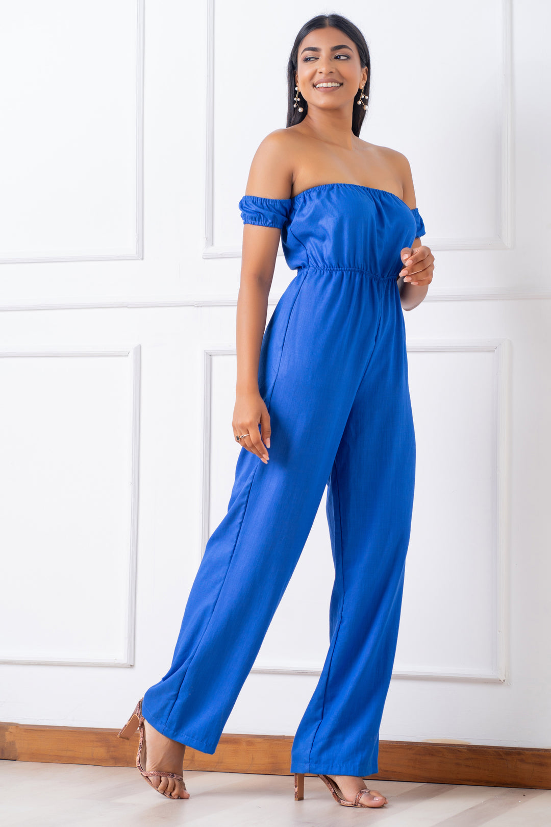 Blue Off Shoulder Jumpsuit - Regular Fit, Jumpsuit, Casual Jumpsuit, Evening Jumpsuit, Evening Wear, Holiday Jumpsuits, Linen Jumpsuit, New Arrivals, Off Shoulder, Regular Fit - MONDY, Sri La