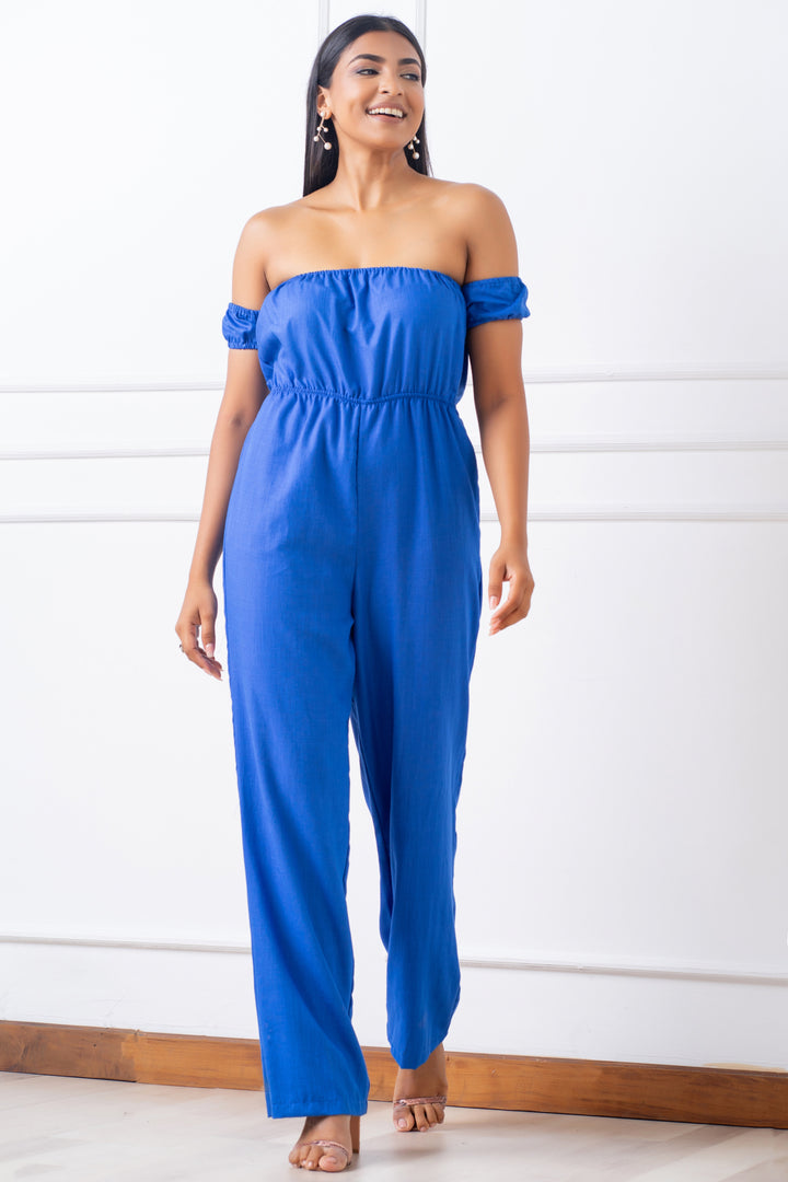 Blue Off Shoulder Jumpsuit - Regular Fit, Jumpsuit, Casual Jumpsuit, Evening Jumpsuit, Evening Wear, Holiday Jumpsuits, Linen Jumpsuit, New Arrivals, Off Shoulder, Regular Fit - MONDY, Sri La