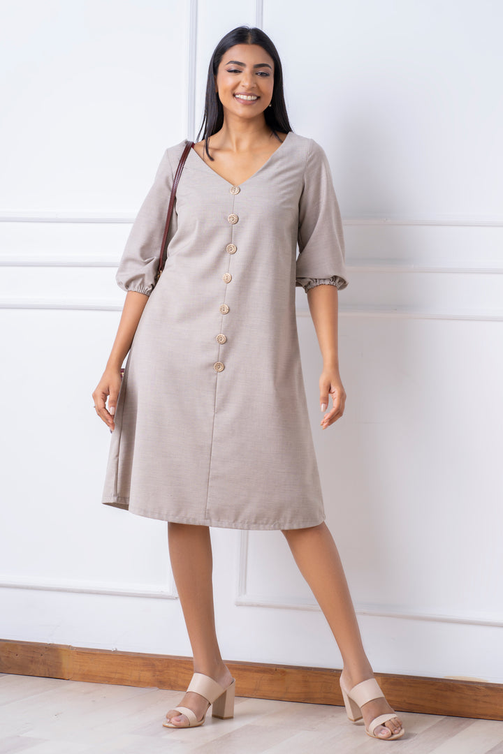 Puff Sleeve Linen Dress - Relaxed Fit, Dress, Everyday Dresses, Holiday, Holiday Dresses, Linen Dresses, Linen Work Wear, Midi Dresses, New Arrivals, Relaxed Fit, Three Quarter Sleeve, V Neck